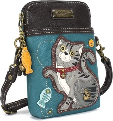 New Chala Cell Phone Purse Crossbody Vegan Convertible TABBY CAT Turquoise Blue - Image 1 of 4