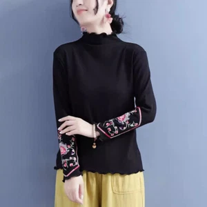Ruffles Lady Embroidery Shirts Tops Ethnic Thermal T-shirts Retro Chinese Casual - Bild 1 von 13