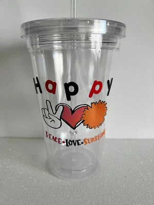Happy Peace Love Sunshine Glossy Glitter Vinyl 16oz Acrylic Custom Tumbler - Image 1 of 3
