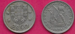 PORTUGAL 2 $50 ESCUDOS 1974 XF SCHIFF, KARAVEL) SEGELN NACH RECHTS, SCHILD FLANKIERT B - Bild 1 von 1