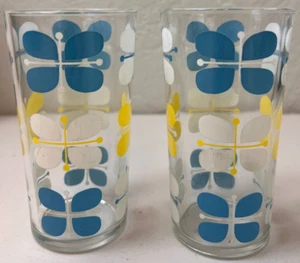 MCM 1960’s Glasses Tumblers Retro Geometric Butterfly Blue Yellow 5" Set of 2 - Picture 1 of 2