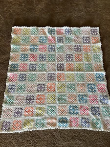 Vintage Hand Crocheted Granny Square Pastels Afghan Baby Blanket Throw 42" x 44" - Picture 1 of 3