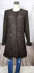 Vertigo Paris Tweed Boucle Jacket Coat Fringe Brown Silver Thread Quiet Luxury M - Picture 1 of 23