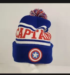 Knit Winter Hat Beanie Skull OSFA Captain America Emblem Pom Red White Blue - Picture 1 of 5