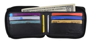 Genuine Leather Zip Around Credit Card Change Coin Holder Bifold Wallet Black - Picture 1 of 7