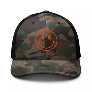 Camouflage smiley face hunter outdoors woods camping hiking climbing trucker hat - Picture 1 of 7