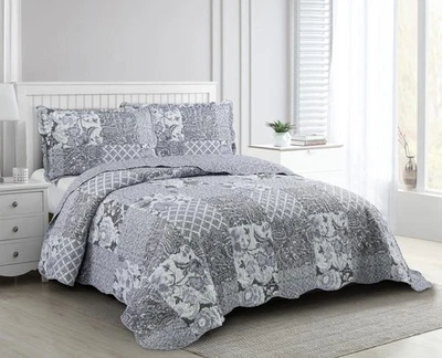 Retazos Flores Grises, Juego de Edredón de 3 Piezas con 2 Fundas, Colcha Reversible,... Foto 1 de 4