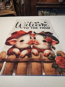 Sackleinen 11x17 Gartenfahne Willkommen auf dem Bauernhof Schweine - Bild 1 von 1