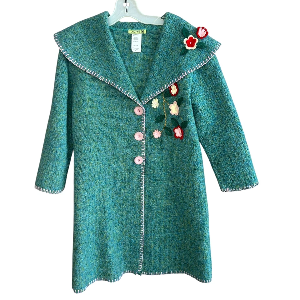 Little Mass Girls Green Floral Felt Applique Tweed Coat Size 6 - Image 1 of 4