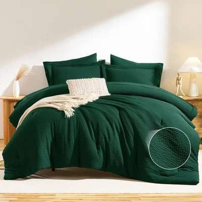 King Size Comforter Set Emerald Green - 7 Pieces Striped Seersucker Bed in a ... - Image 1 of 4