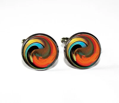 Dynamic Swirls Pattern Handmade Glass Metal Cufflinks Gift for Him Father's Day - Image 1 of 4