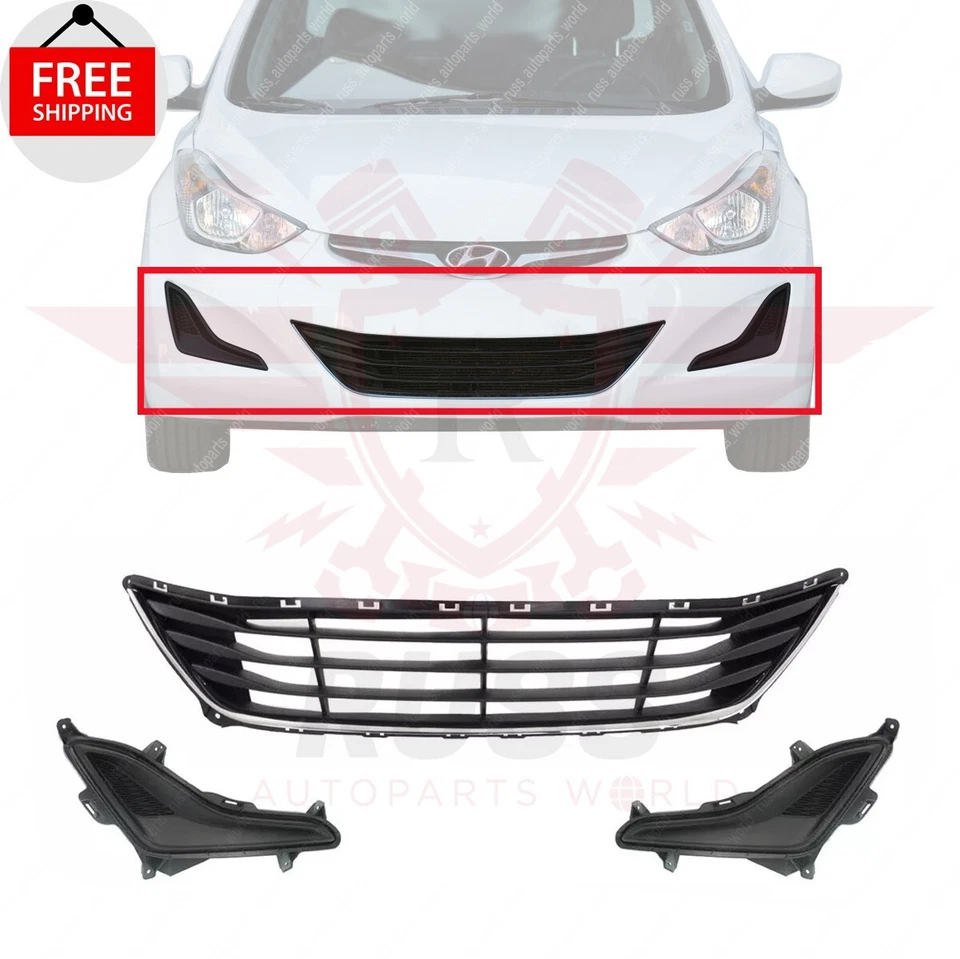 New Front Bumper Grille + Fog Light Cover Trims Fits 2014-2016 Hyundai Elantra - Image 1 of 4