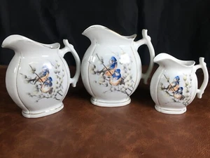 Mid 20th Century European Porcelain Pitcher Trio with Birds and Willow - Picture 1 of 7