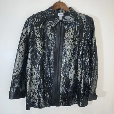 Chaqueta de cuero negra Chicos para mujer 2 serpientes en relieve plateada metálica con cremallera Foto 1 de 4