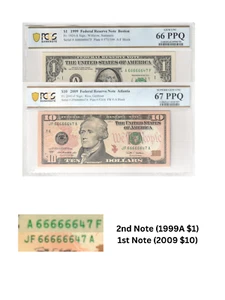$1 and $10 Set of 2 Note MATCHING SERIAL NUMBERS 66666647 PCGS Graded 66/67 PPQ - Picture 1 of 3