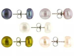 Stud Earring set of 5 Cultured Freshwater Pearls Rhodium ovr 925 Sterling Silver - Picture 1 of 5