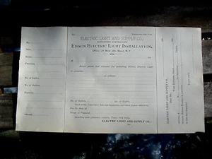 ORIG 1880s EDISON ELECTRIC CO. 29 W 26 ST NYC ORDER FORM FOR ELECTRIC LIGHTING - Picture 1 of 3