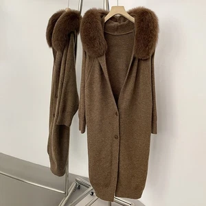 Cardigan donna coreano lungo con cappuccio maglia maglione giacca collo pelliccia outwear  - Foto 1 di 21