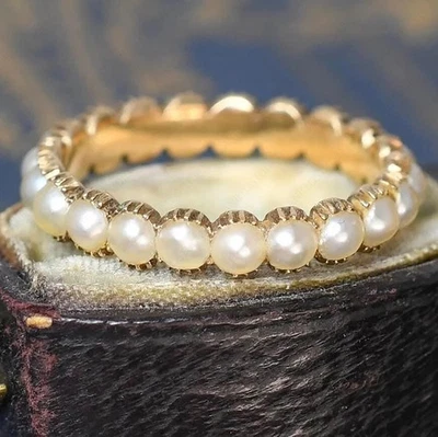Genuine Pearl Eternity Band Ring,14k Gold Cute Dainty Ring Gift For Wedding Ring - Image 1 of 4