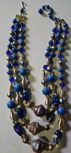 Japan, Vintage Deep Blue Glass 3 Strand Necklace ,unusual! - Picture 1 of 5