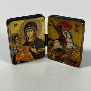 Serbian Diptych Icon St George With Jesus Christ And Mother Of God Mini 2x2 VTG - Picture 1 of 8