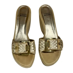 Stuart Weitzman Women's Platform Wedge Slides Sandals Gold Buckle Shoes SZ 8 - Picture 1 of 7