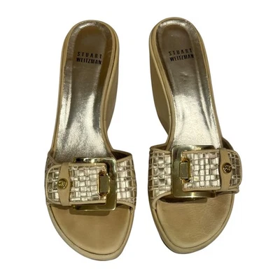 Stuart Weitzman Women's Platform Wedge Slides Sandals Gold Buckle Shoes SZ 8 - Image 1 of 4