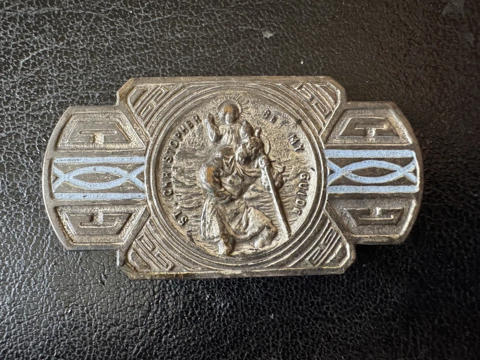 ANTIQUE 1940s 1950s ST CHRISTOPHER PIN ACCESSORY AUTO TRUCK FORD MOPAR GM CHEVY2 Foto 1 de 2