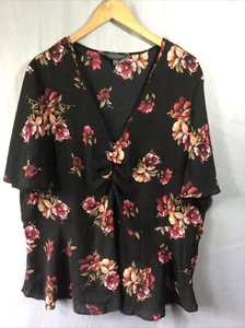 Dorothy Perkins Black Floral Print V Neck Peplum Top Size 22 Ex Con - Picture 1 of 6