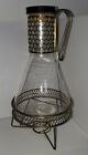 Vintage MCM Glass Carafe with Gold Metal Stand & Handle and Cork Top 12" X 7"