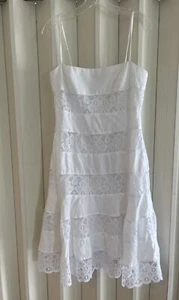 Maggy London White Linen Tiered Lace Dress Lined Size 8~Lined~EUC $129 - Picture 1 of 8