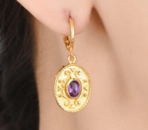 Vintage Look Amethyst 14K Gold Plated Earring - Picture 1 of 5