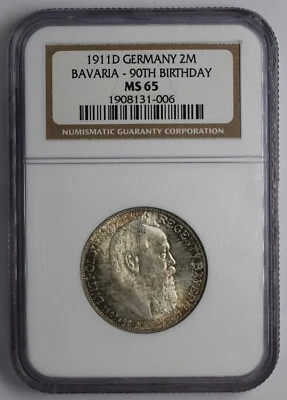 1911 D Germany Silver 2 Mark Bavaria 90th Birthday NGC MS 65 - Image 1 of 4