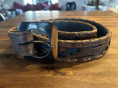 Cinturón tejido de cuero hecho a mano Western Tooled hebilla de madera respaldo de gamuza azul Foto 1 de 4