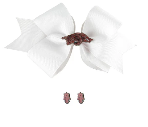 Arkansas Razorbacks Rhinestone Charm White Hair Bow and Post Earrings Gift Set Cover