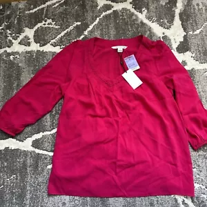 New DVF Diane Von Furstenberg Fuchsia Pink Silk Long Sleeve V Neck Blouse M - Picture 1 of 7