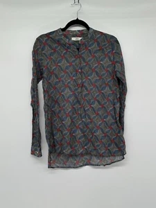 0039 Italy Shirt Women Medium Blue Red Geometric Sheer Buttons Boho City - Picture 1 of 9