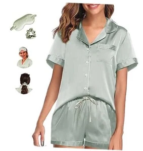 Womens Pajama Sets XS-4XL Silk Satin Pajamas Set Floral 2Pcs Pj Medium Sage-a - Picture 1 of 7