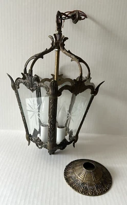 Vtg Gilt Brass Baroque Ceiling Hanging Pendant Lantern Birdcage Light 5 Panel - Image 1 of 4
