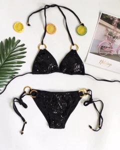 Solid Bling Sequin Ring Details Glitter Halter Bikini Set, Size S - Picture 1 of 1