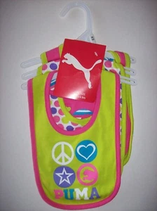 Conjunto de 3 baberos Puma para niñas diseño de firma signo de paz estrella gato logotipo punto corazón nuevo - Imagen 1 de 3