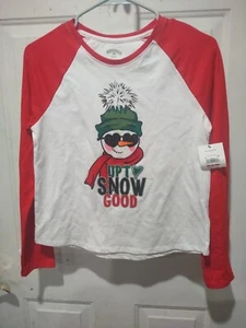 Girls Up To Snow Good Snowman Holiday Christmas Raglan Shirt XL (14-16) Plus - Picture 1 of 4