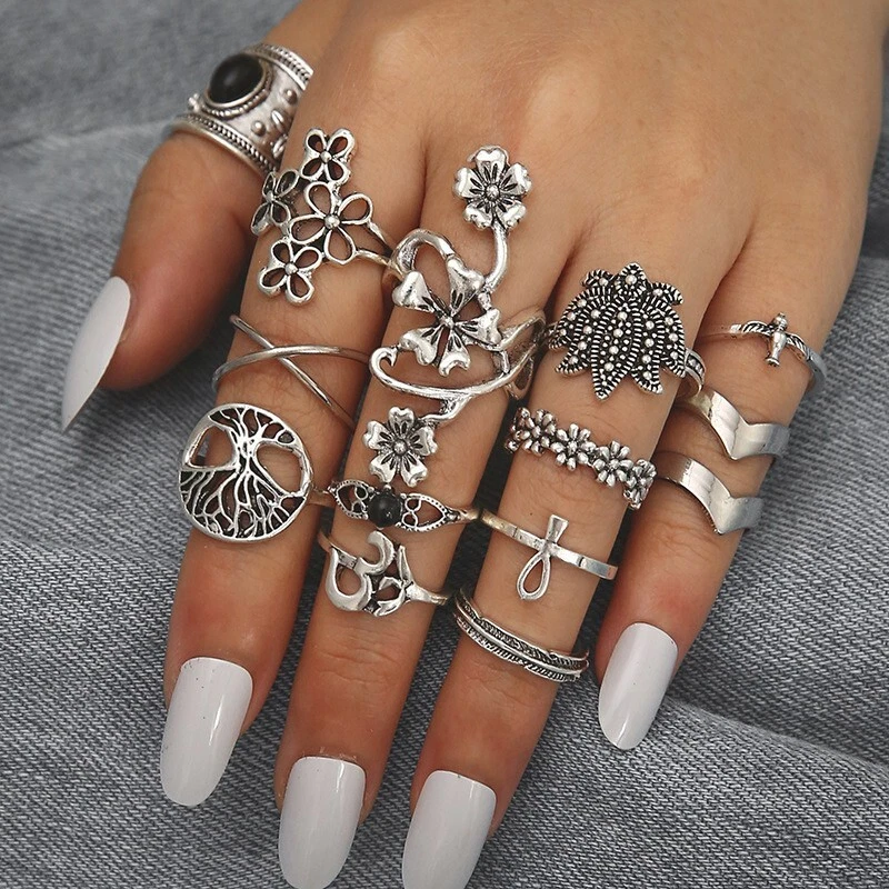Juego de 14 piezas anillo abierto retro de plata con dedos Bohemia flor árbol de la vida regalo 2083 Foto 1 de 2