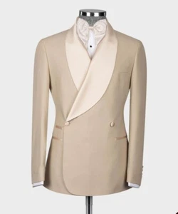 Men Khaki Beige Double Breasted Suit Tuxedo Shawl Lapel Wedding Custom Business - Picture 1 of 10