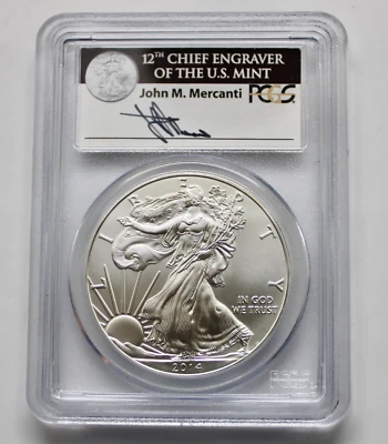 2014 SILVER EAGLE FIRST STRIKE PCGS MS70 JOHN MERCANTI SIGNED GB7 - Image 1 of 2