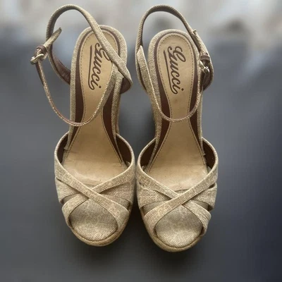 Gucci Beige Wedge Sandals US 6.5 Excellent Used No Box - Image 1 of 4