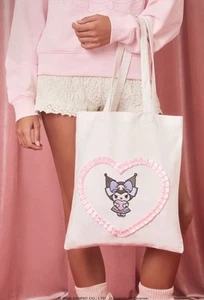 Sanrio Official Kuromi Purple White Pink Bling Lolita Kawaii Heart Lace Tote Bag - Picture 1 of 5