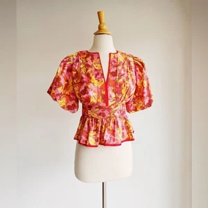 Blusa AVARA Manga Abullonada Brillante Floral Peplum XS - Imagen 1 de 5
