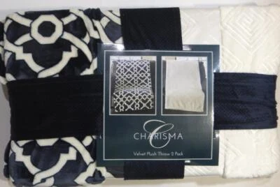 Throws 2 Pack Reversible 60" x 70" Charisma Velvet White Embossed Purple Geo - Image 1 of 4