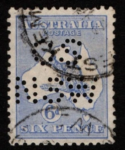 Australia 1915 1928 6d Kangaroo 3rd Wmk SG38 Used perfin OS NSW West Kempsey CDS - Bild 1 von 1